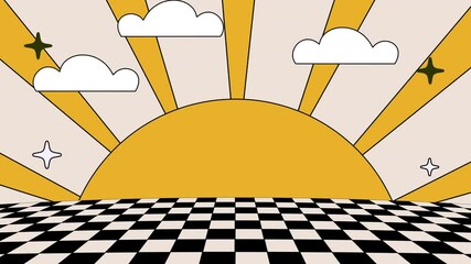4K Psychedelic art landscape with sunset and sky. Background in vintage style. 2D Hippie abstract retro animation. Vintage hand drawn style. 1960s, 1970s. Looping animation.