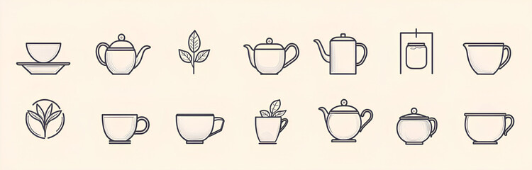 Minimalist tea-themed icon set featuring teapots, cups, tea leaves, and steaming beverages in a modern line art style, arranged in two rows with clean and elegant outlines