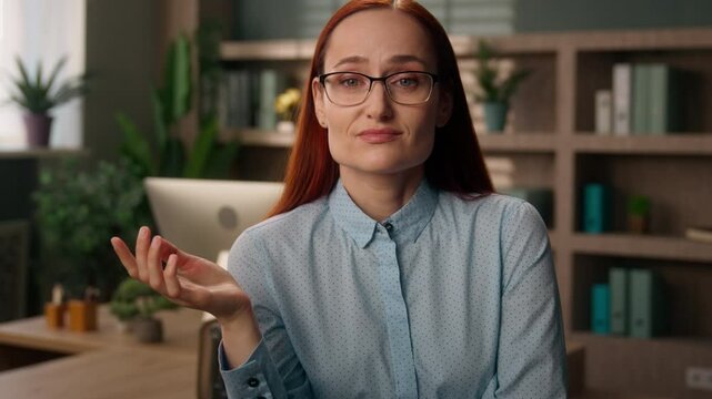 Pensive thoughtful business woman Caucasian girl alone businesswoman employer think plan at office planning thinking female ponder idea choose search consider doubt uncertain no answer shrug shoulders