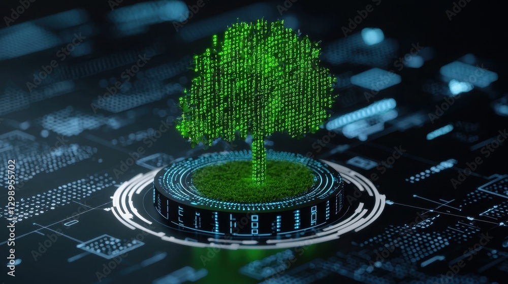 Poster digital tree symbolizing data growth with binary code on dark background representing technology and