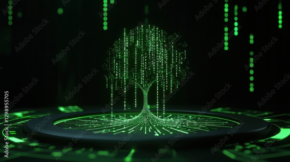 Aufkleber digital tree with binary code growth in futuristic green matrix environment representing technology 