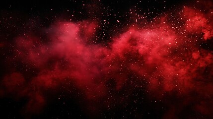 A vibrant red cosmic nebula with stars and dust particles in a dark space setting.