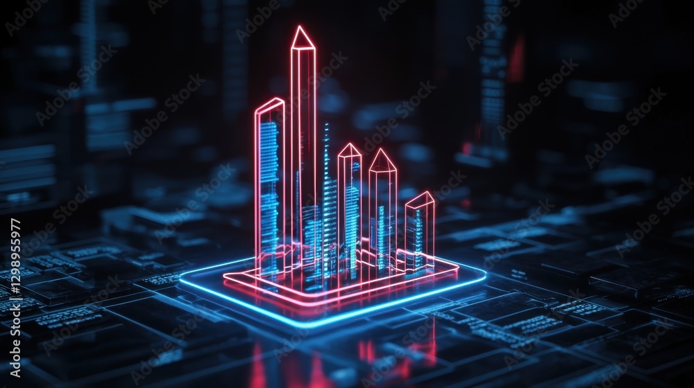 Poster futuristic financial data visualization with neon graphs displaying market trends and performance me