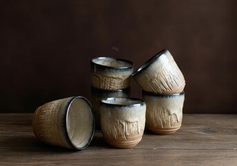 Handcrafted ceramic cups in beige and blue, nestled on weathered wood surface, capturing artisan pottery's intimate charm against shadowy backdrop