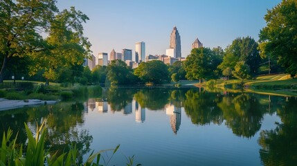 Serene Cityscape with Skyline Reflecting on Tranquil River