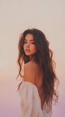 Fototapeta premium Stylish woman wavy hair lavender haze