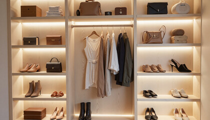  Stylish walk-in closet with clothes, shoes, and accessories. clothing swap event, recycled, natural wool, cotton, zero waste fashion, consignment shop, vintage, flea market, biodegradable fabrics,