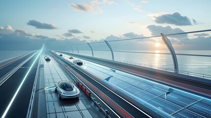 Obraz premium Futuristic Solar Powered Highway with Wireless Electric Vehicle Charging