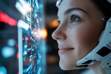 A close-up portrait of a smiling woman wearing a high-tech headset, interacting with a futuristic digital display, symbolizing innovation, technology, and human potential.
