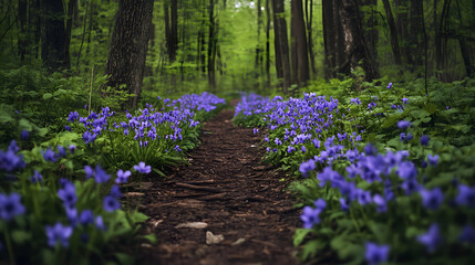 A charming forest trail enveloped by violets, their deep purple petals creating a contrast against the green surroundings.