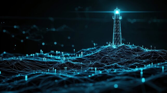 Futuristic Digital Landscape with Lighthouse Illuminating Waves in a Network of Brightly Colored Lines and Nodes Against a Dark Background