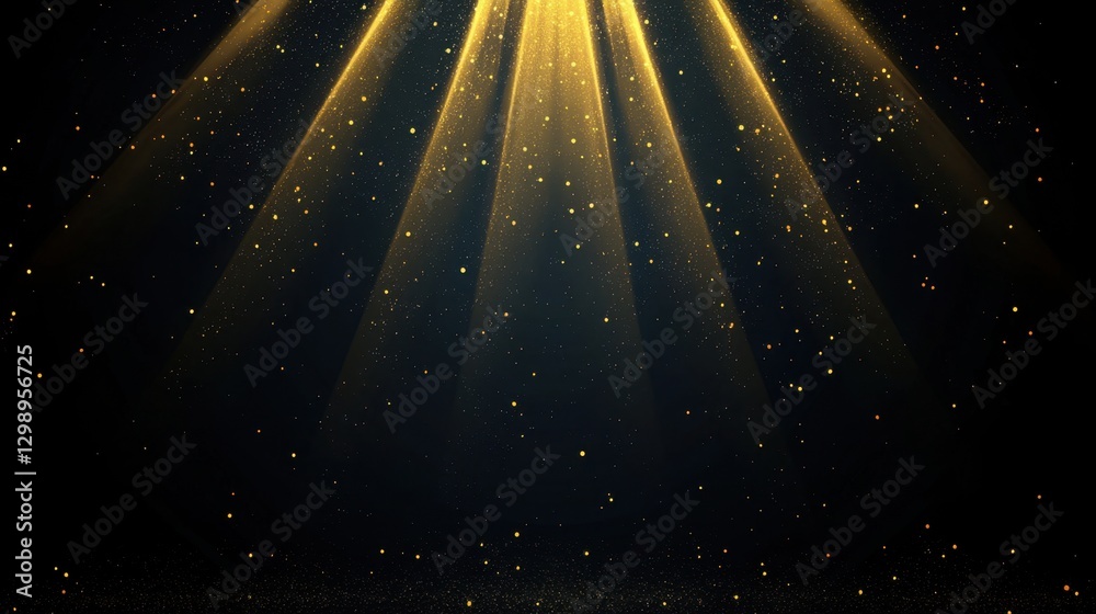 Poster golden light rays on dark background with sparkling dust particles creating a magical and enchanting