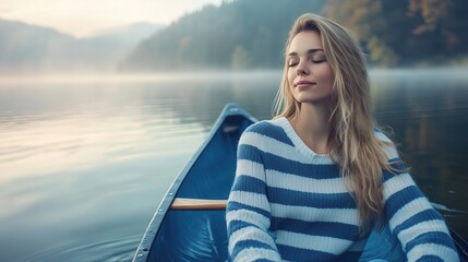 Fototapeta premium Tranquil Young Woman Relaxing in a Canoe on a Misty Lake Surrounded by Mountains