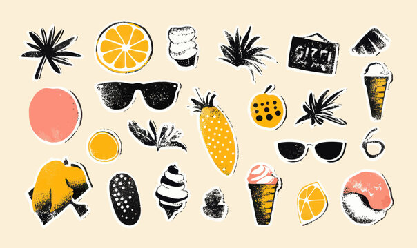 Trendy Summer Halftone Collage with Palm Trees, Sunglasses, and Ice Cream Stickers