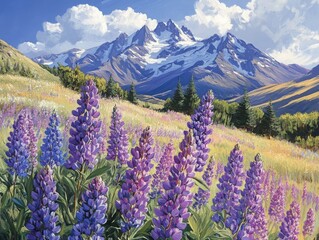 Painting of Tranquil Mountain Meadow with Blooming Lupines: A Celebration of Nature's Beauty and Serenity, Reflecting Peace and Reflection during Ramadan.