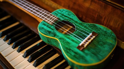 Obraz premium Teal ukulele resting on antique piano keys