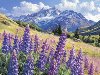 Obraz premium Ramadan Reflection: A Serene Landscape of Lupines and Majestic Mountains, Inviting Contemplation and Spiritual Renewal Under a Clear Sky