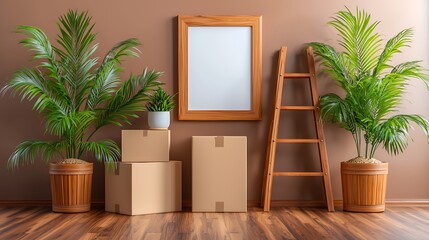Empty Room with Moving Boxes and Plants