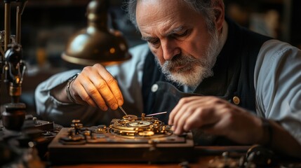 Skilled artisan meticulously repairing a vintage clock in a cozy workshop filled with tools and light