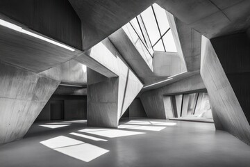 Obraz premium Abstract concrete interior, light and shadow, architectural space, empty hall, potential use for architectural design, or modern interior design