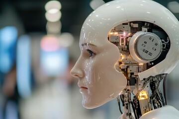 An elegant android model showcasing exposed wiring and intricate features, reflecting the blend of art and technology in the realm of robotics and artificial intelligence.