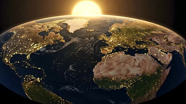 Earth Globe Rotating with City Lights and Rising Sun Animation Ideal for flat earth, presentations, infographics, networking concepts. Global map featuring.	