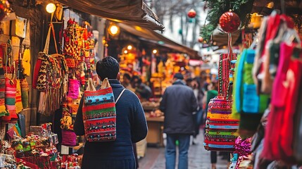 Obraz premium A bustling marketplace, overflowing with an array of colorful goods and adorned with festive decorations.