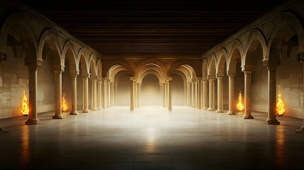 Ornate Hall with Column Arches and Fire Illuminating a Stone Architectural Interior