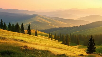 Obraz premium A beautiful view of rolling hills and pine trees during a golden sunset.
