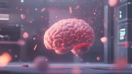 Fototapeta premium A stylized, floating brain surrounded by particles, set in a futuristic environment, emphasizing concepts of intelligence and innovation.