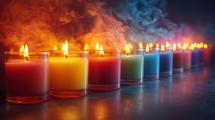 Colorful Scented Candles Glowing with Warm Flames and Atmospheric Smoke