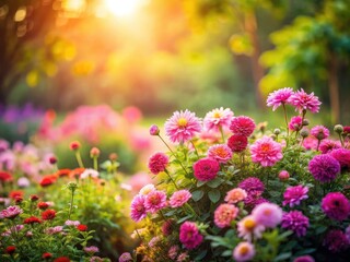 Obraz premium Pink Garden Flowers Tilt Shift Photography, Miniature Garden, Blooming Flowers, Pretty Pink Flowers, Closeup Pink Flowers