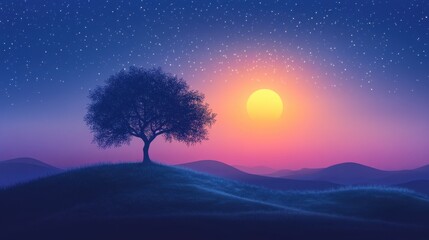 Serene sunset over rolling hills with a solitary tree silhouetted against a starry night sky