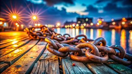 Naklejka premium Rusty Shackles & Chain at Harbor - Bokeh Background Stock Photo