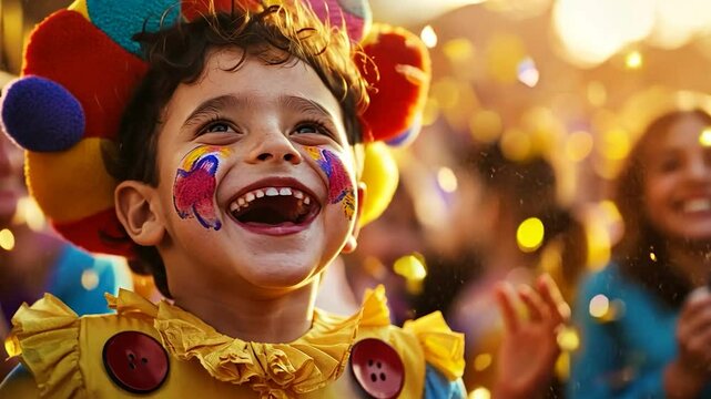 Happy child in carnival costume, confetti falling