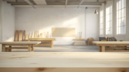 Light Wood Tabletop in Blurred Carpenters Workshop