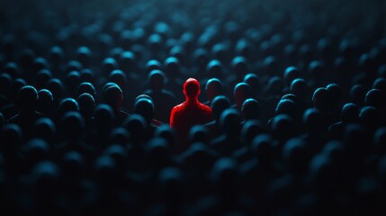 Distinct figure stands out in a dark crowd, symbolizing individuality amid conformity