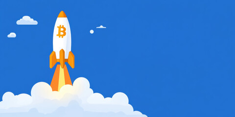Fototapeta premium Rocket launching into the sky with a Bitcoin symbol, representing cryptocurrency growth and innovation.