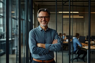 Fototapeta premium Confident Entrepreneur in Modern Office Setting with Arms Crossed