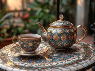 Elegant Ramadan Tea: A Beautifully Detailed Tea Set for Iftar, Featuring a Teapot and Cup with Floral Motifs on a Mosaic Table, Setting a Peaceful Scene