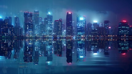 Water reflections of a city skyline at night