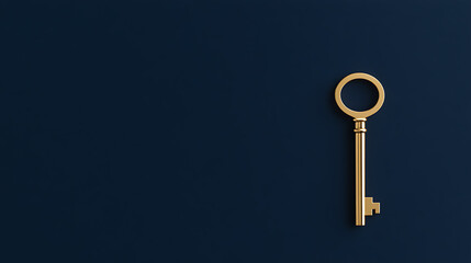 A gleaming golden key rests against a deep blue backdrop, symbolizing opportunity and access. Minimalist composition with elegant simplicity.