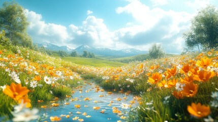 Sunny meadow with stream, wildflowers, and mountains in background.