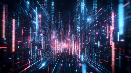 Fototapeta premium Abstract Digital Data Stream with Blue and Red Lights in Dark Background