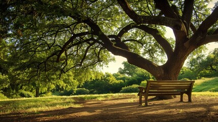 Wooden bench beneath a large shade tree