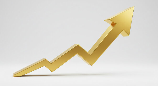 Una flecha dorada tridimensional y aislada, que sube en zigzag sobre un fondo blanco, simbolizando el crecimiento econ&oacute;mico en la econom&iacute;a y los negocios, as&iacute; como las tendencias financieras
