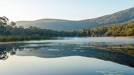 Misty morning lake reflection, tranquil mountain views