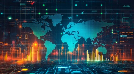 Digital world map with data visualization and technology elements in a futuristic design