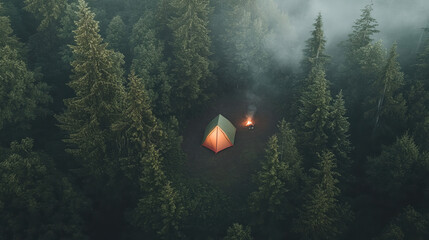 A cozy cabin nestled in a dense forest, surrounded by mist and greenery, with warm light glowing from within and small fires in the background.