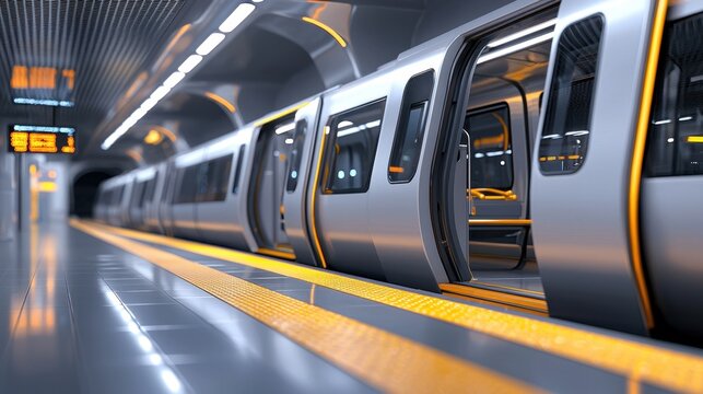 Modern subway station interior with sleek design, illuminated platform, open train doors, and minimalist architecture in urban environment